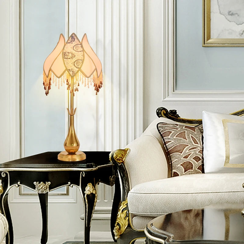 French Vintage Brass Table Lamp with Fabric Shade
