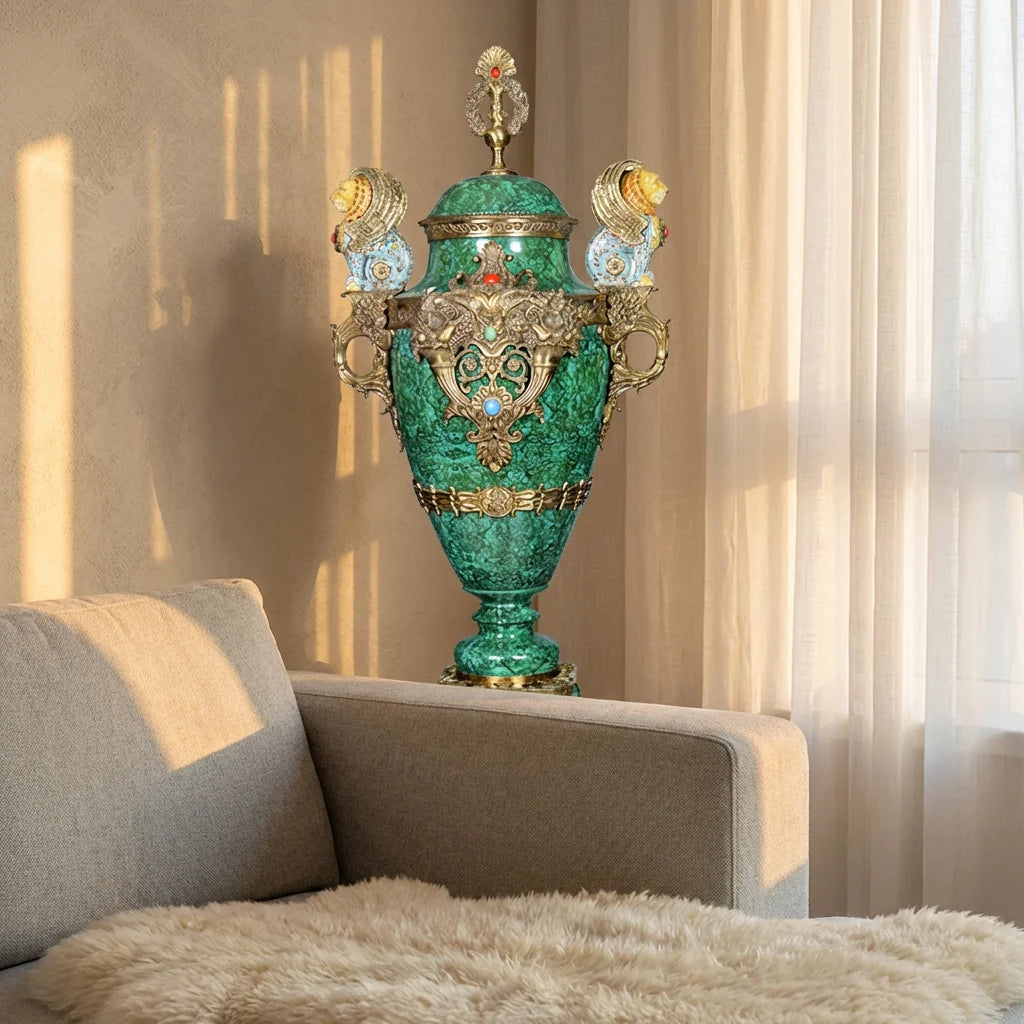 Luxury Antique Porcelain & Brass Tall Floor Vase
