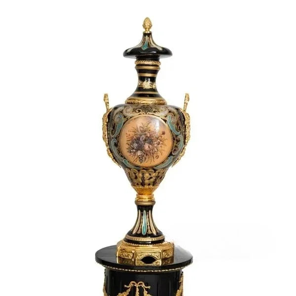 Ultra Luxury Antique Porcelain Floor Vase with Gold Brass & Hand-Painted Floral Art