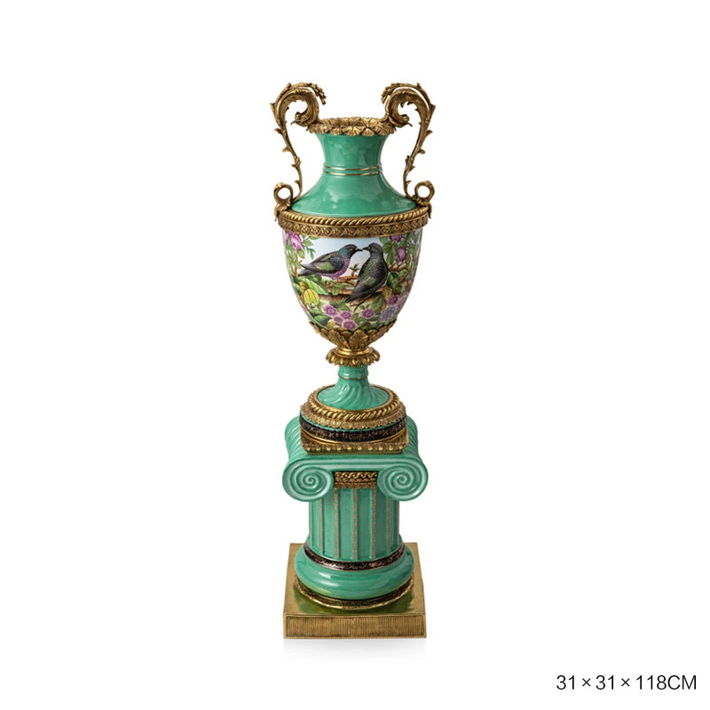 Grand Handcrafted Porcelain Floor Vase with Ornate Brass Accents
