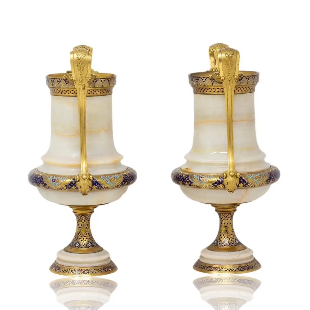 Pair of Marble Vases with Ornate Bronze Inlay