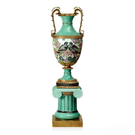 Grand Handcrafted Porcelain Floor Vase with Ornate Brass Accents