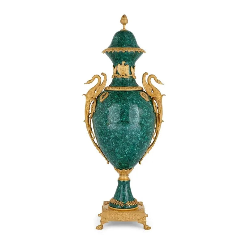 Pair of Large Malachite and Bronze-Mounted Empire Style Vases