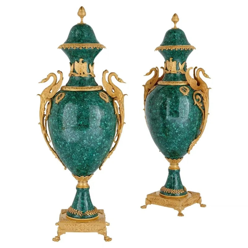 Pair of Large Malachite and Bronze-Mounted Empire Style Vases
