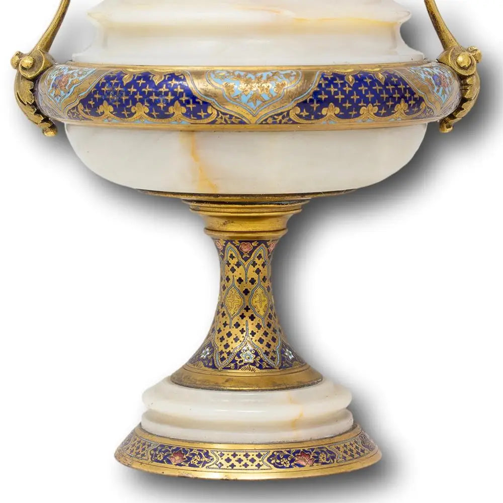 Pair of Marble Vases with Ornate Bronze Inlay