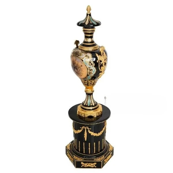 Ultra Luxury Antique Porcelain Floor Vase with Gold Brass & Hand-Painted Floral Art