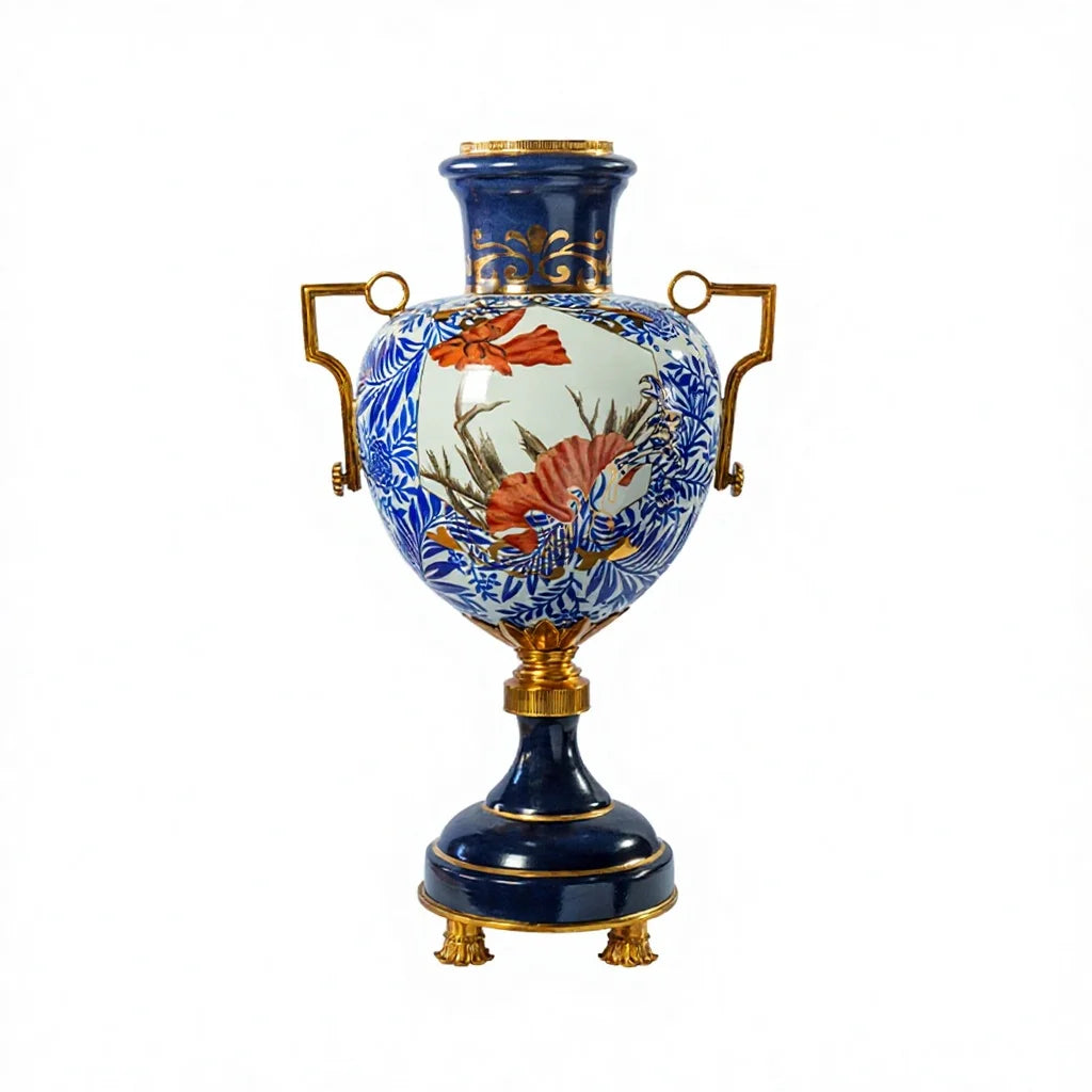 Vintage Blue White Ceramic Brass Vase