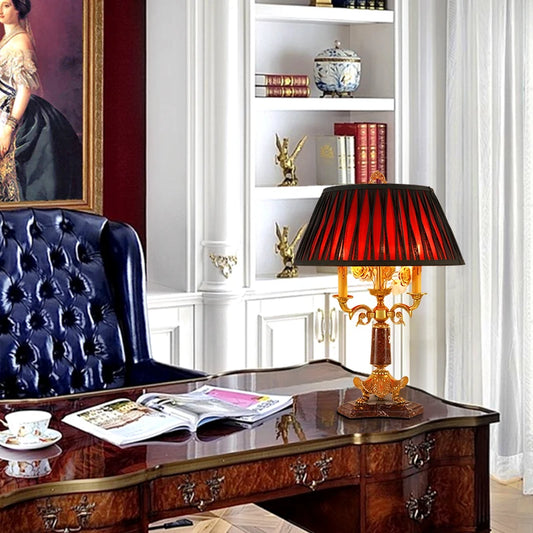 Handmade French Classical Style Full Copper Marble Table Lamp-Red Lampshade
