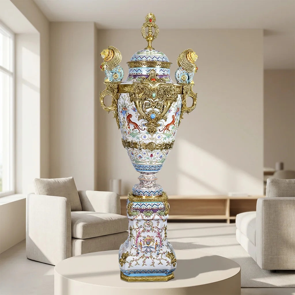 Luxury Antique Porcelain & Brass Tall Floor Vase