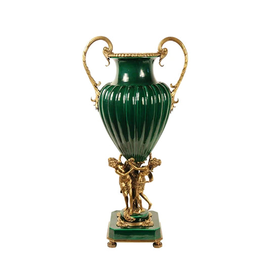 High-end decorative Ceramic green urn with gold handles – classic antique style vase for living room and villa decoration-– elegant home décor - Luxury Vase 