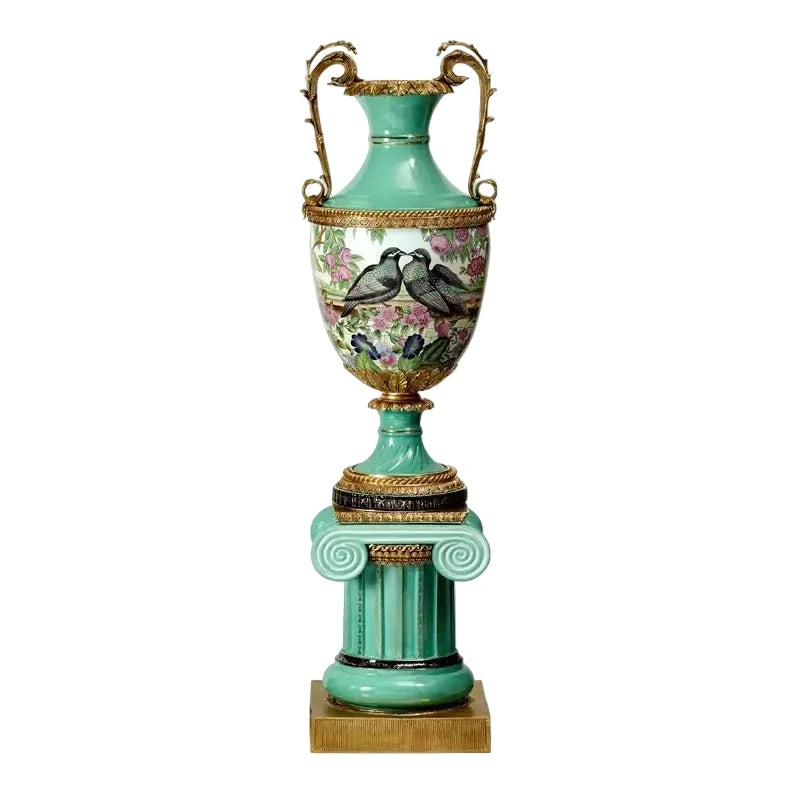 Grand Handcrafted Porcelain Floor Vase with Ornate Brass Accents