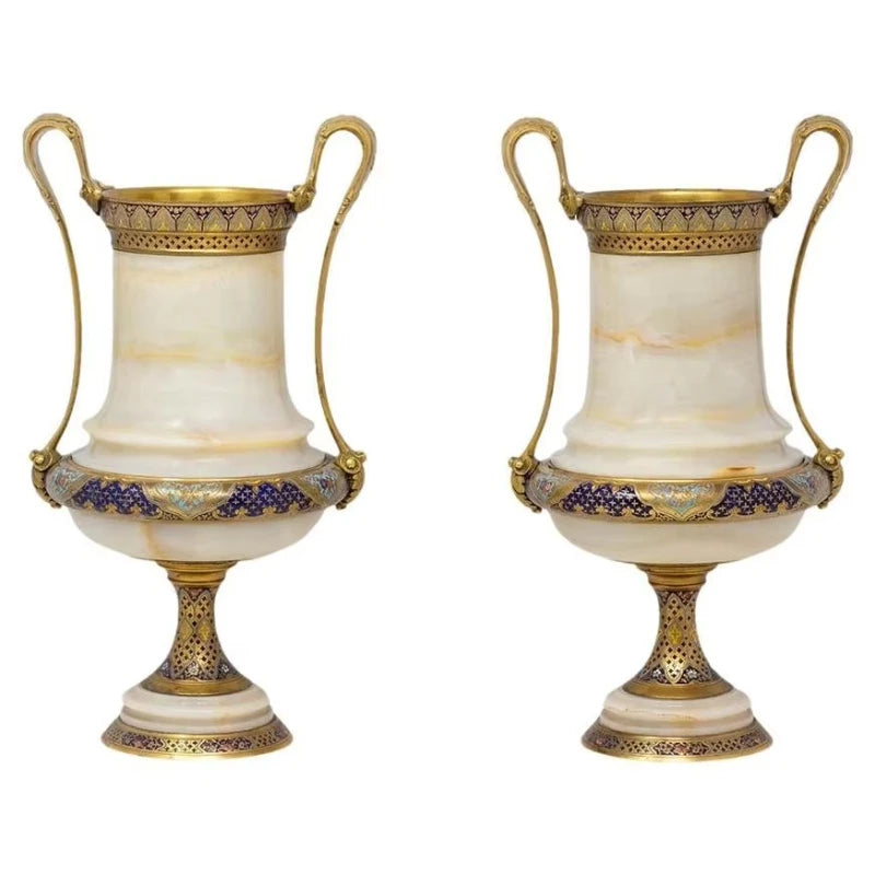 Pair of Marble Vases with Ornate Bronze Inlay