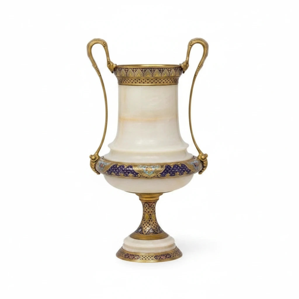 Pair of Marble Vases with Ornate Bronze Inlay