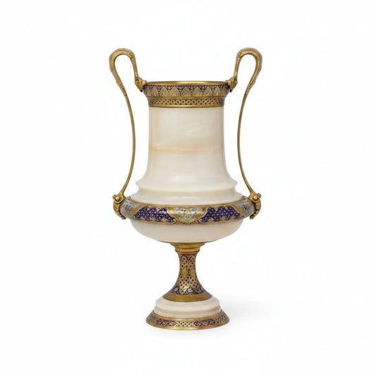 Pair of Marble Vases with Ornate Bronze Inlay