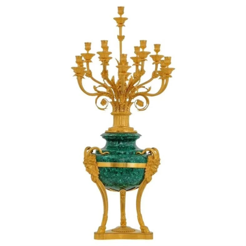 Pair of Large Gilt Bronze and Malachite candle holder