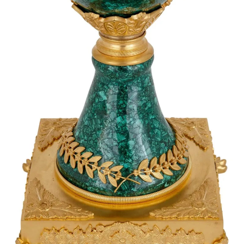 Pair of Large Malachite and Bronze-Mounted Empire Style Vases