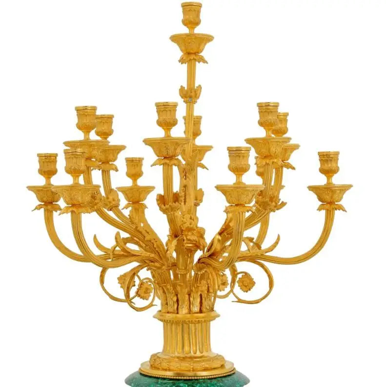 Pair of Large Gilt Bronze and Malachite candle holder
