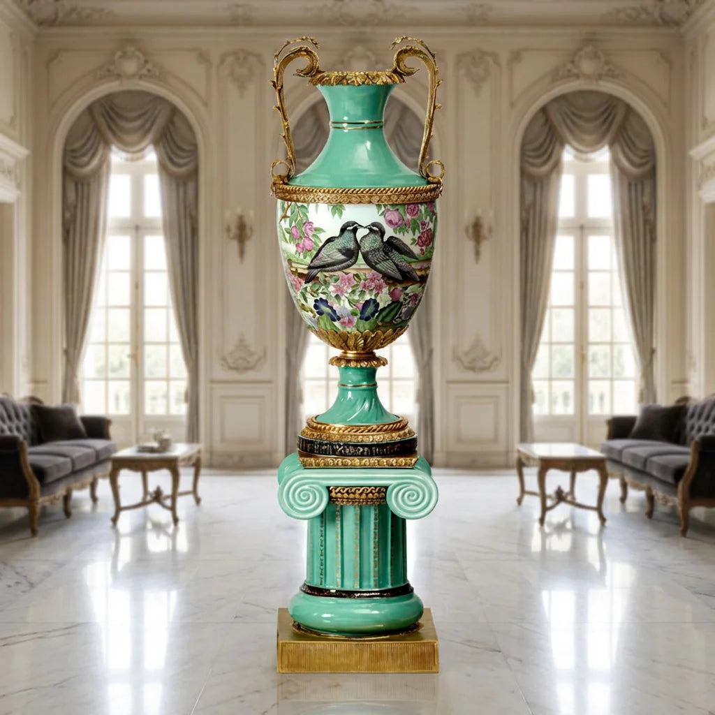 Grand Handcrafted Porcelain Floor Vase with Ornate Brass Accents
