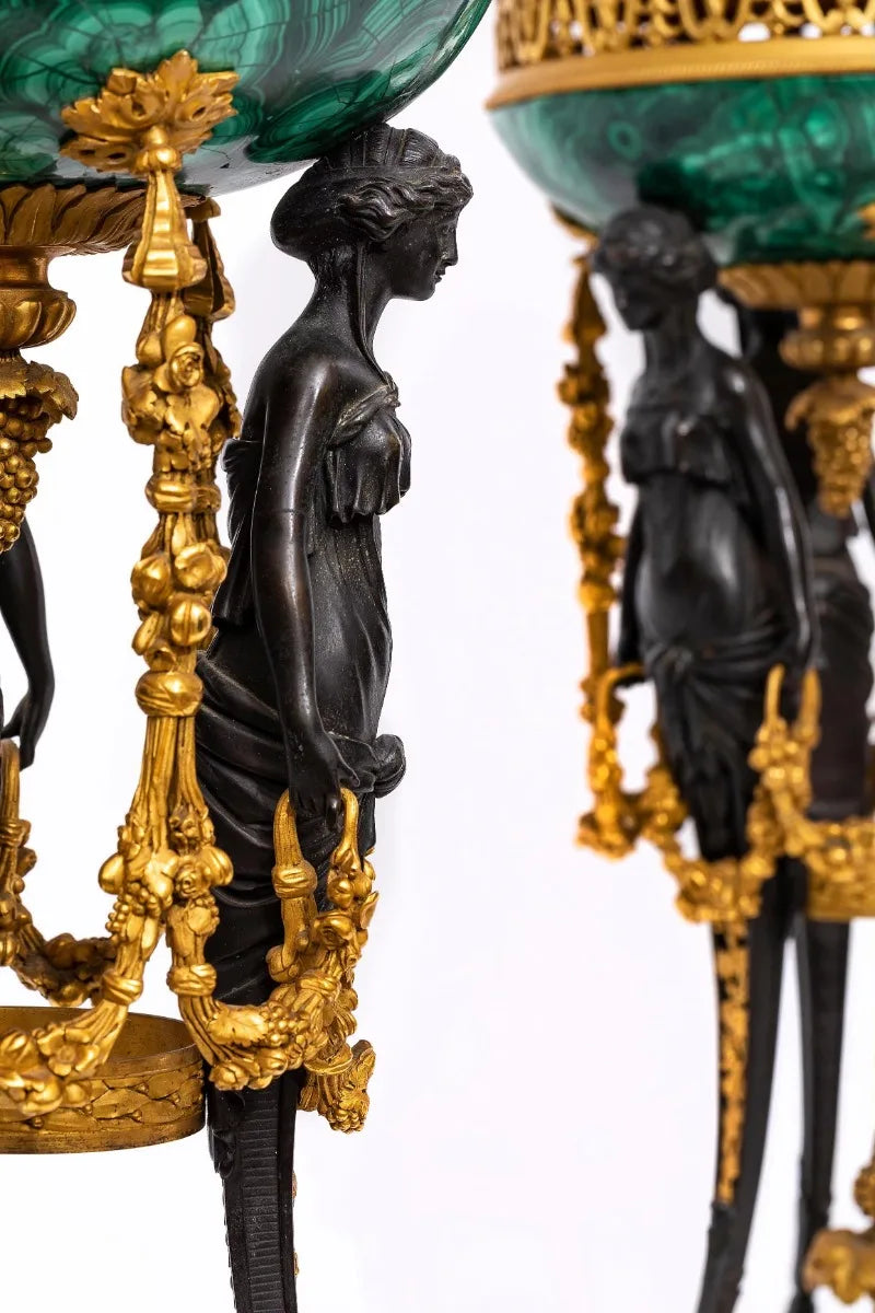 Pair of Large Malachite Standing Pots with Bronze Mounts