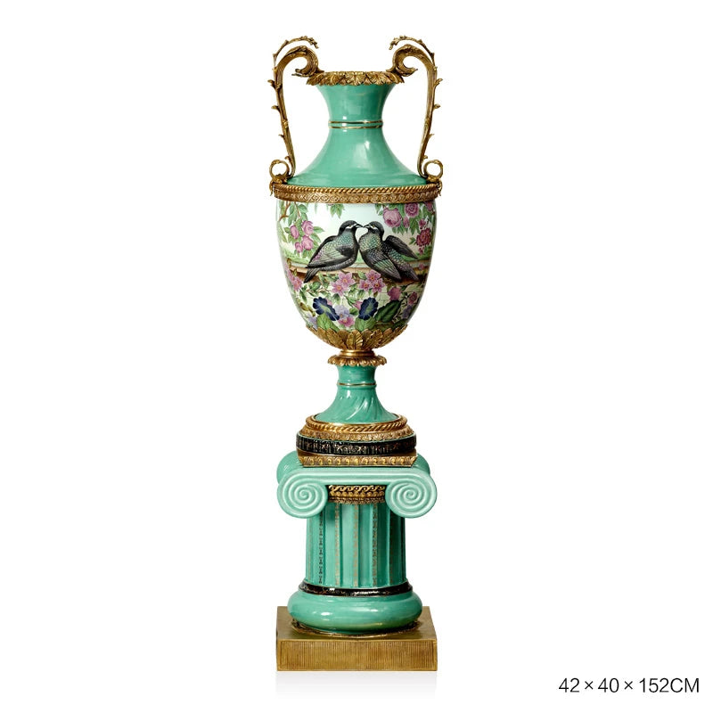 Grand Handcrafted Porcelain Floor Vase with Ornate Brass Accents