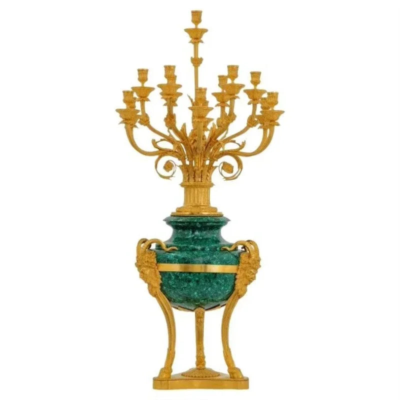 Pair of Large Gilt Bronze and Malachite candle holder