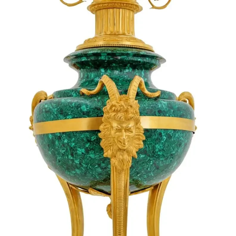 Pair of Large Gilt Bronze and Malachite candle holder