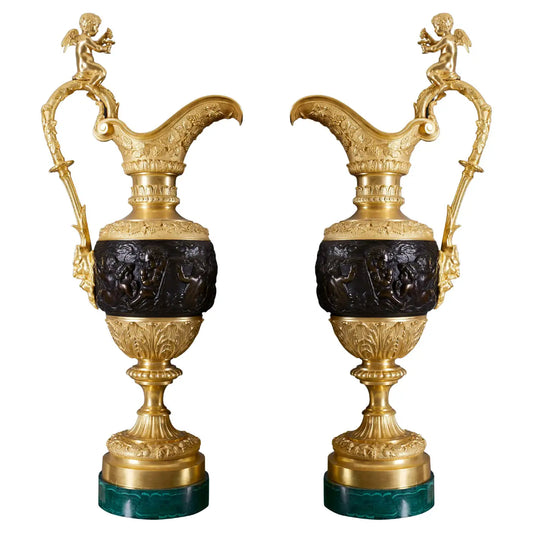 Pair of Royal Handmade Malachite Vase with Bronze Trim