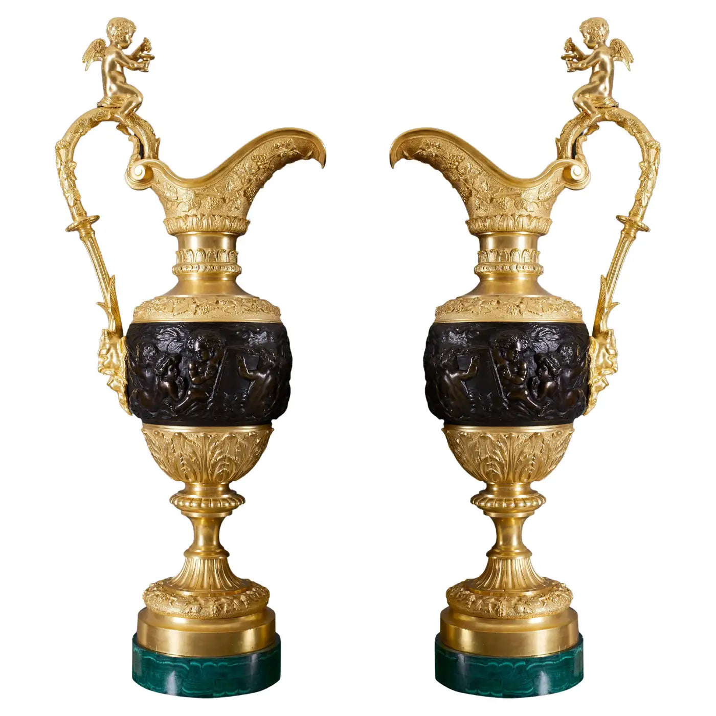 Pair of Royal Handmade Malachite Vase with Bronze Trim
