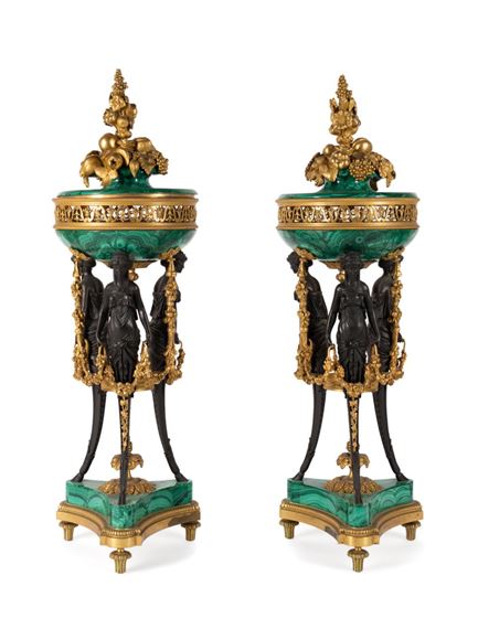 Pair of Large Malachite Standing Pots with Bronze Mounts