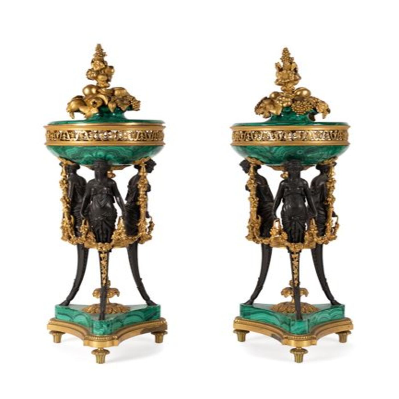 Pair of Large Malachite Standing Pots with Bronze Mounts