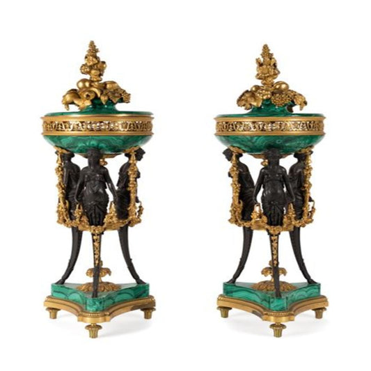 Pair of Large Malachite Standing Pots with Bronze Mounts